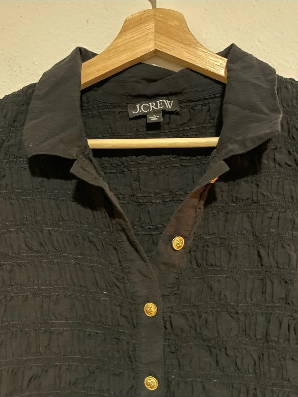 J. Crew Smocked Ruched Button-Up Short Sleeve Blouse, Size Large - Picture 4 of 4